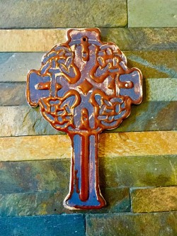 Slab built hand decorated deep red and iron stained Celtic Cross.