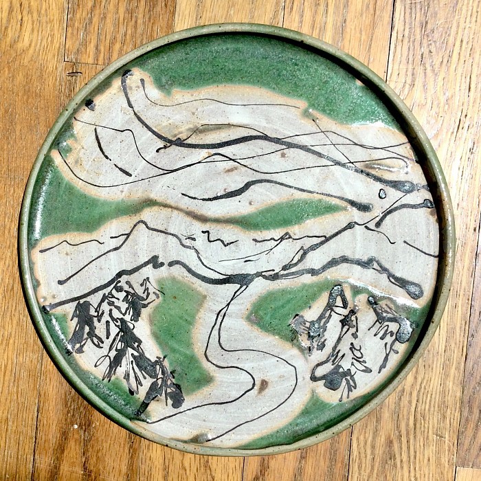 Mountain Landscape set of stoneware plates with slip decoration