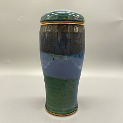 Cylindrical jar with Floating Blue and Opal Rust glaze overlapping