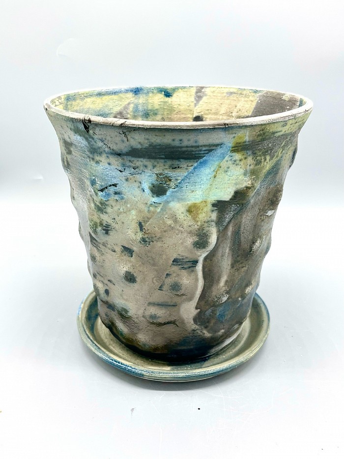 Raku planter, rainbow sands glaze. 6-2023