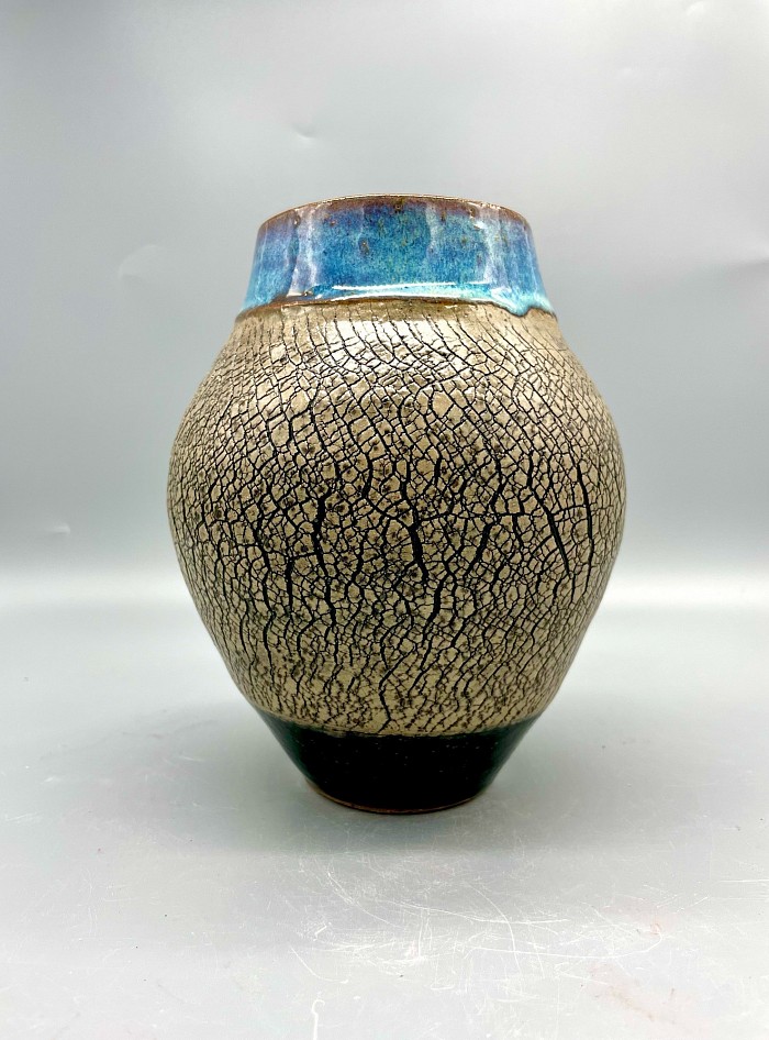8-2023 Sodium Silicate Textured Vase with Blue Rim