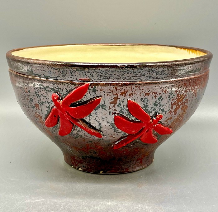 1-2024: Large Dragonfly Bowl, with red China painting & Mars Crystalline glaze