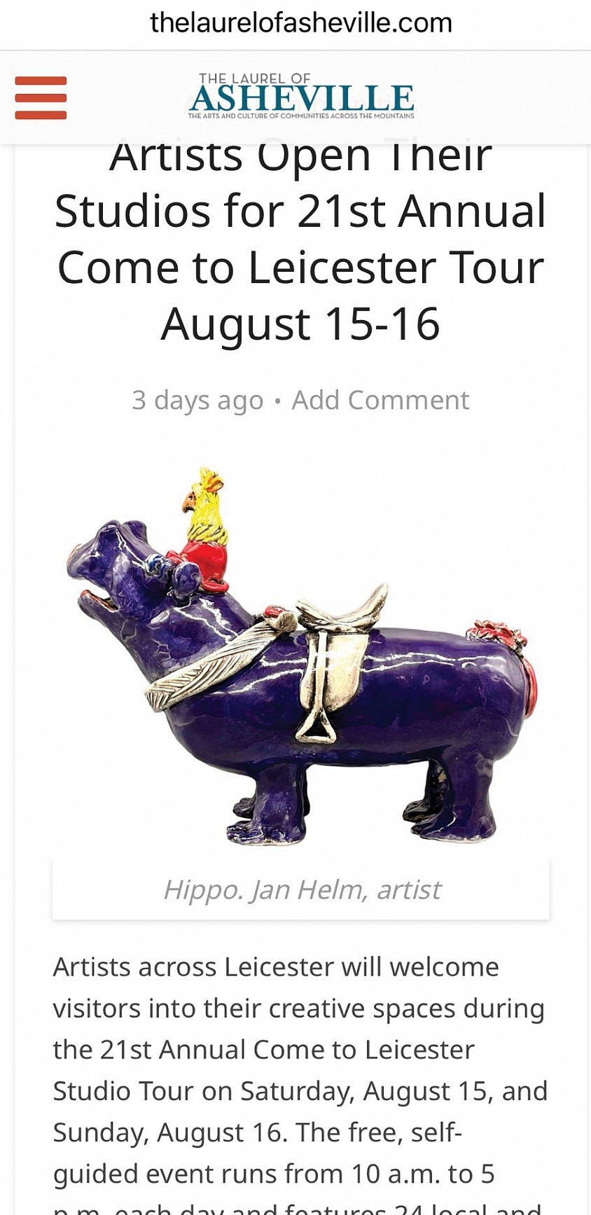 Hippo by Jan Helm, featured in Laurel of Asheville Summer 2026
